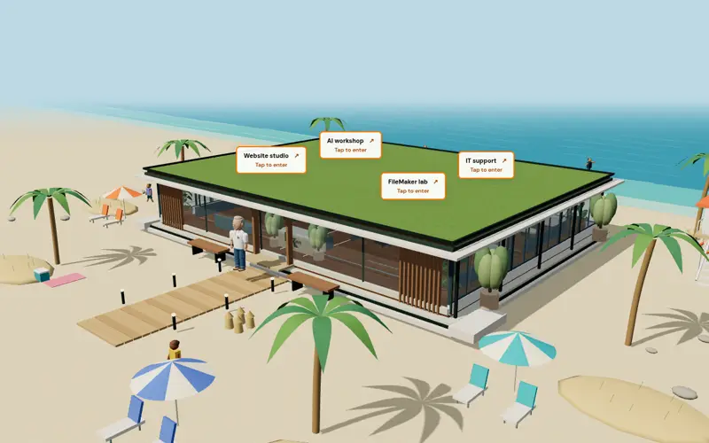 The iRusty beach office, a small building beside the water